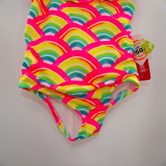 NWT Penelope Mack Bright Neon Rainbow Ruffle One Piece Swimsuit Kids Size 4 - Picture 3 of 6